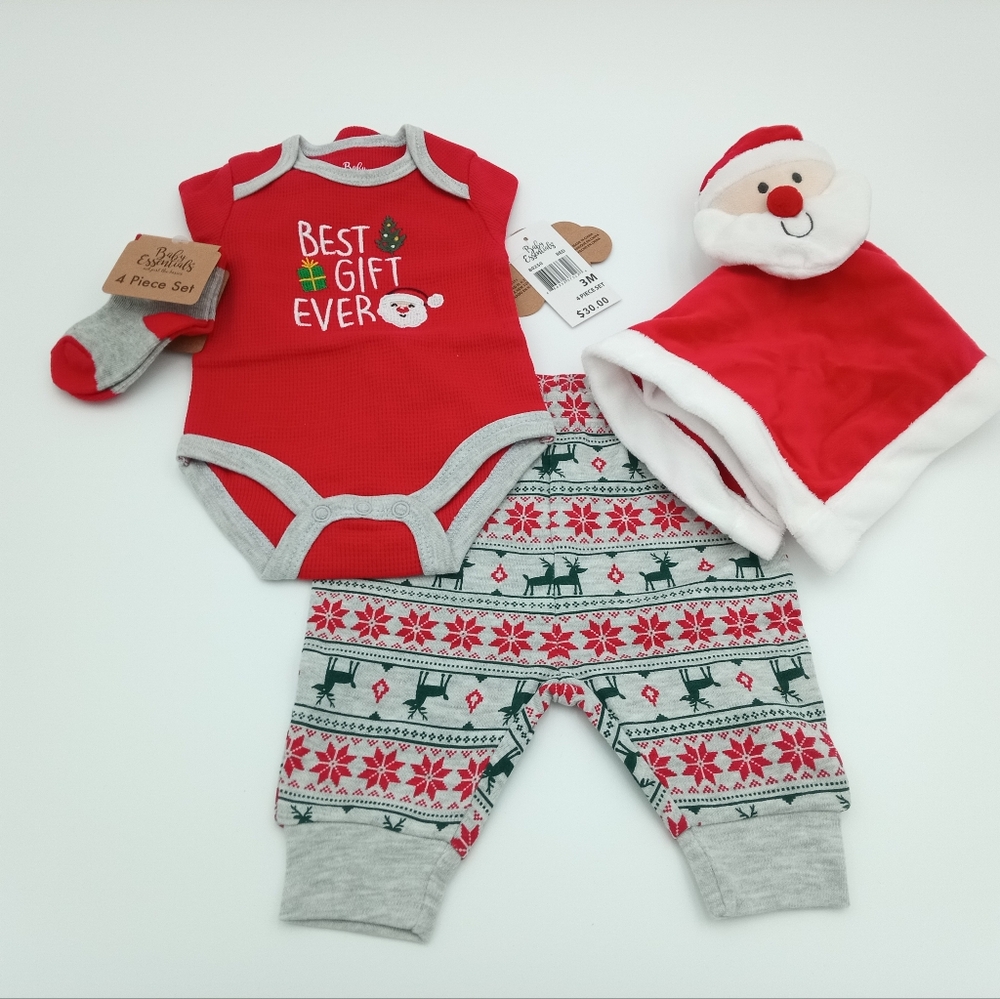 Baby Essentials 4pc Set-Bodysuit, Pant, Socks And Santa Baby Toy